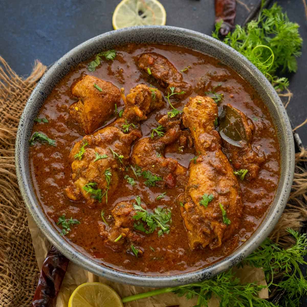 Chettinad chicken gravy in serving bowl