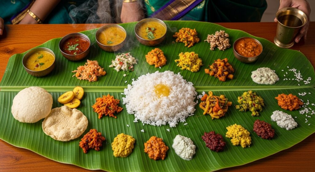 Traditional South Indian veg meals served on banana leaf